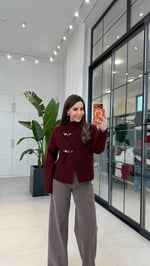 Boucle Yandan Gold Kancalı Triko Hırka Bordo