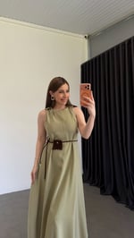 Çanta Kemerli Tensel Elbise Çağla Yeşili