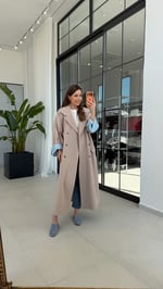 Çizgi Astarlı Maxi Boy Trenç Ceket Bej