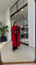 Çizgi Astarlı Maxi Boy Trenç Ceket Kırmızı