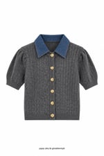 Denim Yakalı Triko Gri