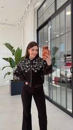 Gümüş Çiçekli Bomber Ceket Kahverengi