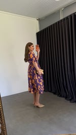 Hardal Çiçekli Balon Etekli Elbise Mor