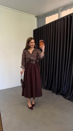 Hasır Kemerli Bordo Midi Etek