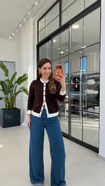 Jardin Yaka Biyeli Düğmeli Triko Bluz Kahverengi