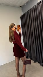 Kadife Tok Mini Etek Bordo