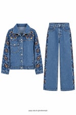 Kanaviçe İşlemeli Denim Takım Mavi