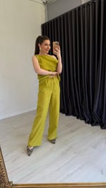 Kayık Yaka Keten Takım Yağ Yeşili