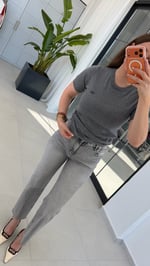 Kısa Kol Bisiklet Yaka Marka Triko Bluz Gri