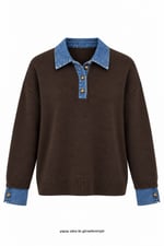 Out Manşetleri Denim Triko Bluz Kahverengi