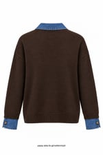 Out Manşetleri Denim Triko Bluz Kahverengi