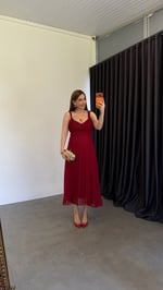Pilise Askılı Örgülü Midi Elbise Bordo
