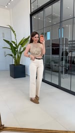 Raw Cream Kemerli Mom Fit Jean Krem