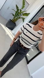 Saç Örgülü Yan Çizgili Triko Bluz Ekru