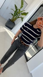 Saç Örgülü Yan Çizgili Triko Bluz Lacivert