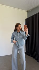 Sedefli Düğmeli Kot Gömlek Açık Mavi