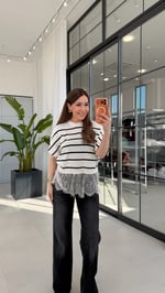 Ucu Dantelli Çizgili Triko Ekru