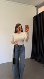 V Yaka Vatkalı Modal Bodysuit Ekru
