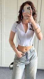 A Baskı Hırka Crop Beyaz