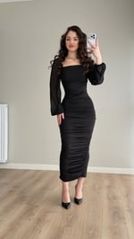 Alessia Kol Transparan Kare Yaka Elbise Siyah