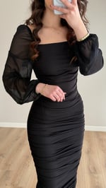 Alessia Kol Transparan Kare Yaka Elbise Siyah