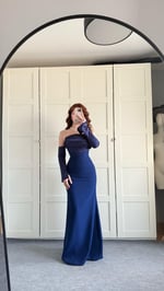 Alya Saten Kollu Abiye Lacivert