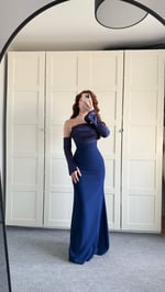 Alya Saten Kollu Abiye Lacivert