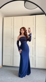 Alya Saten Kollu Abiye Lacivert