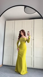 Alya Saten Kollu Abiye Yağ Yeşili