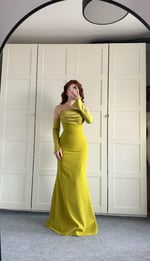 Alya Saten Kollu Abiye Yağ Yeşili