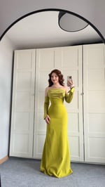 Alya Saten Kollu Abiye Yağ Yeşili
