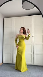 Alya Saten Kollu Abiye Yağ Yeşili