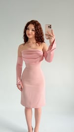 Alya Saten Kollu Kısa Abiye Pudra Pembesi 