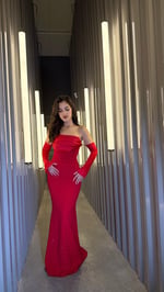 Alya Saten Kollu Taşlı Abiye Kırmızı 