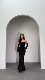 Alya Saten Kollu Taşlı Abiye Siyah 