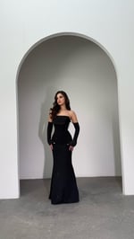 Alya Saten Kollu Taşlı Abiye Siyah 