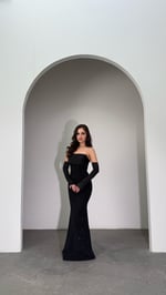 Alya Saten Kollu Taşlı Abiye Siyah 