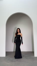 Alya Saten Kollu Taşlı Abiye Siyah 