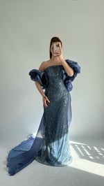 Amelia Pelerinli Taşlı Abiye İndigo