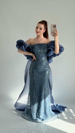 Amelia Pelerinli Taşlı Abiye İndigo