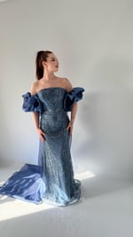 Amelia Pelerinli Taşlı Abiye İndigo