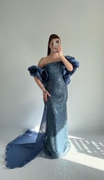 Amelia Pelerinli Taşlı Abiye İndigo