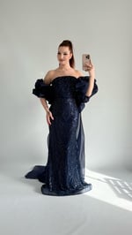 Amelia Pelerinli Taşlı Abiye Lacivert 