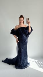 Amelia Pelerinli Taşlı Abiye Lacivert 