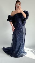 Amelia Pelerinli Taşlı Abiye Lacivert 