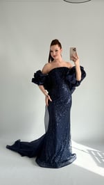 Amelia Pelerinli Taşlı Abiye Lacivert 
