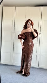 Arina Payetli Abiye Bronz Kahve