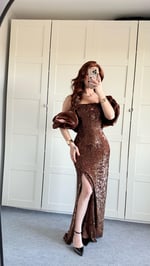 Arina Payetli Abiye Bronz Kahve