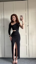 Asimetrik Yaka Bel Detaylı Elbise Siyah