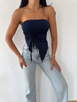 Ayarlanabilir Yırtmaçlı Straplez Crop Lacivert 